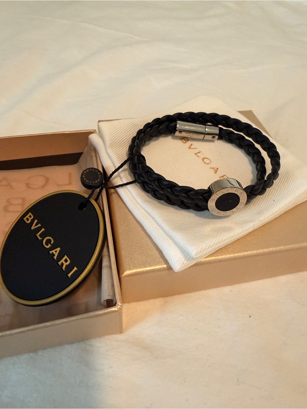 Bulgari Black Braided Leather Double Loop Bracelet with Silver Accents